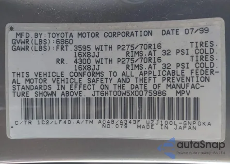 1999 Lexus Lx 470 z USA, uszkodzony, nr VIN JT6HT00W5X0075986